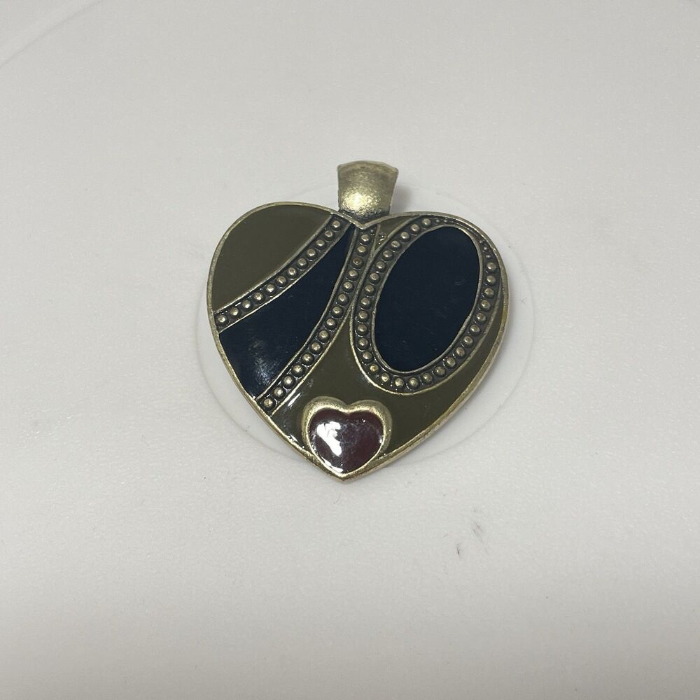 Vintage Gold Tone Enamel Heart Pendant Black Olive Red Accent 1 3/8”